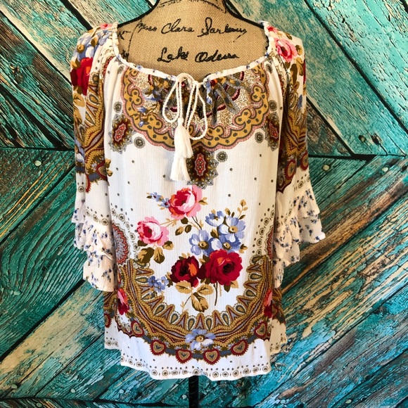 Bila Tops - Floral Bell Sleeve Blouse by Bila